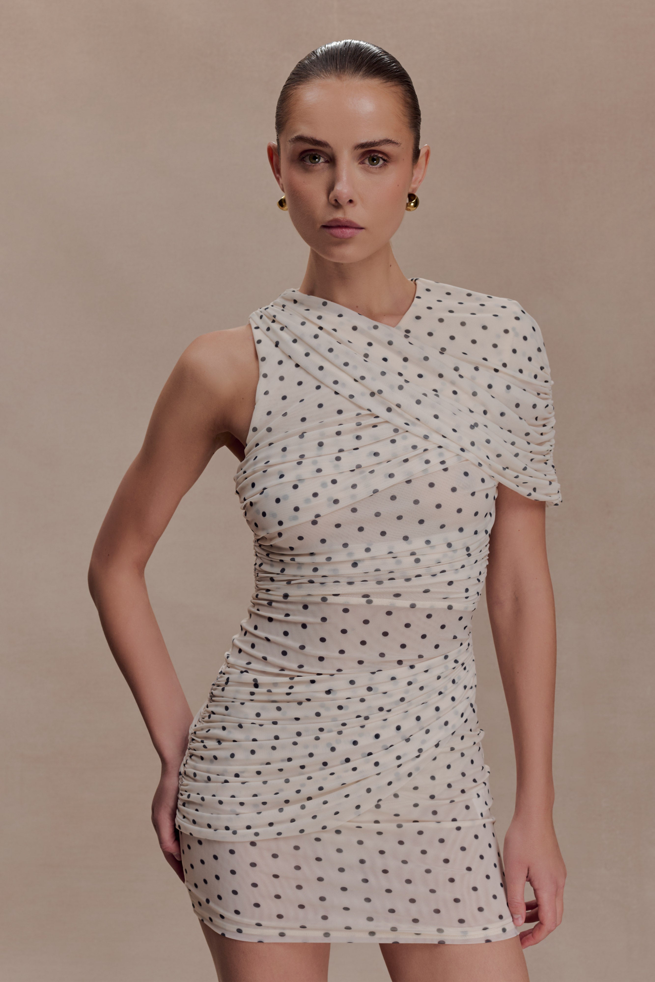 Adrienne One Shoulder Mesh Mini Dress - Polka Dot